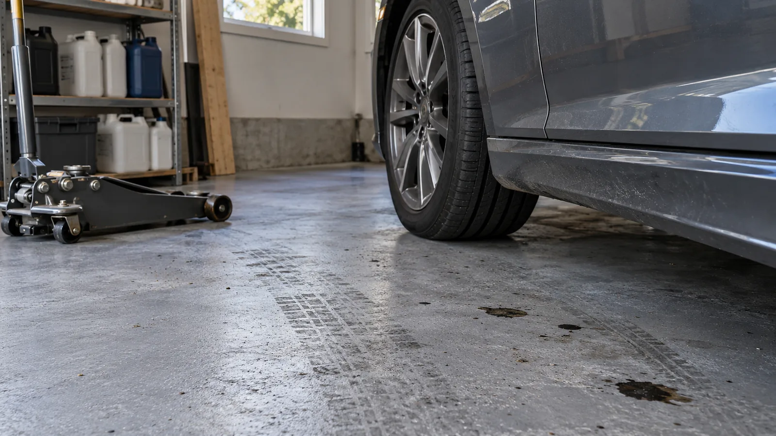 Гараж с серым полимерным полом, следами шин и подкатным домкратом у стены